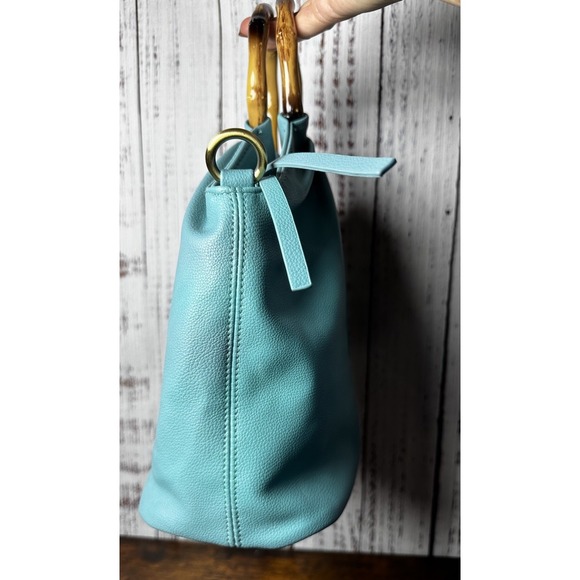 JOY SUSAN Stacey Bamboo Hand Tote Bag Vegan Leather Turquoise New Crossbody - Picture 11 of 13